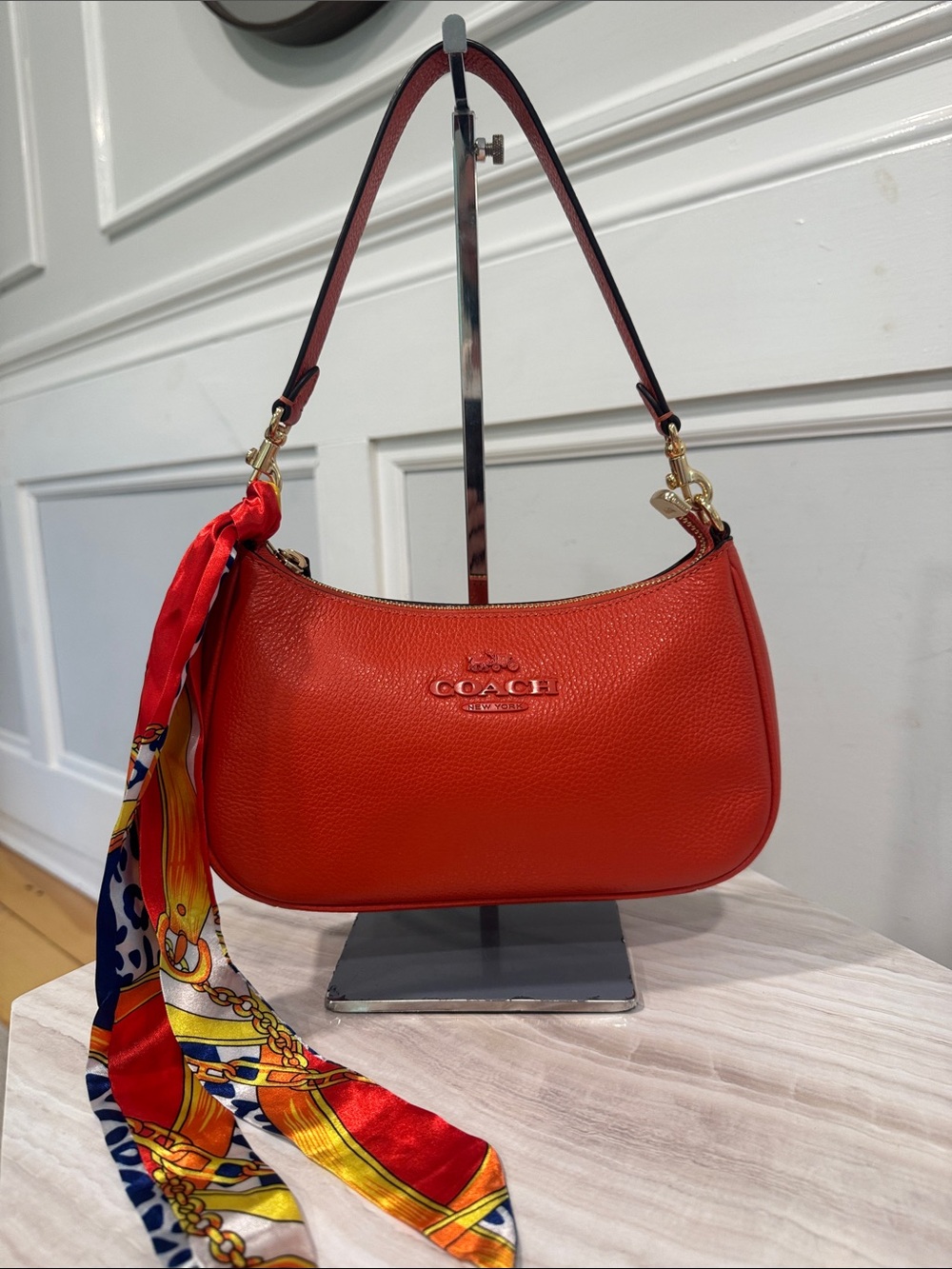 Coach Bag Teri Orange Pebbled Leather Small Shoulder Bag with Scarf Accent - Picture 4 of 17